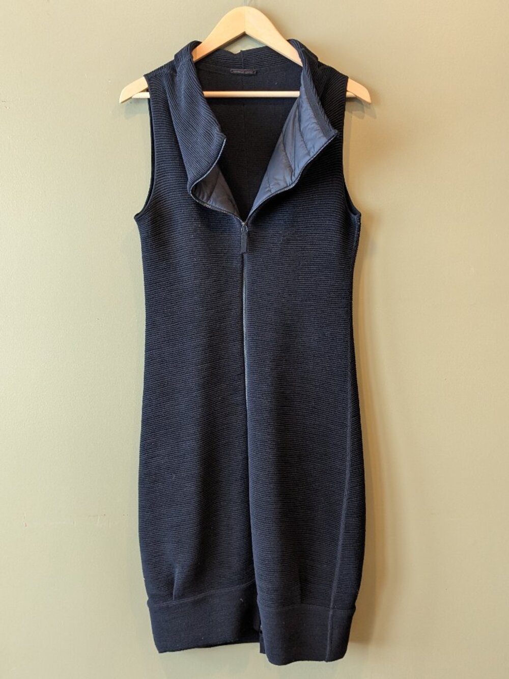 Annette Gortz Dress Medium Black Rib Knit Wool 2 Way Zip Duster Vest Cowl Neck